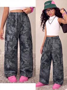 Girls' American Style Grey Camouflage Cargo Casual Wide Leg Pants, Street Dance Versatile Woven Long Pants - Black - View 2