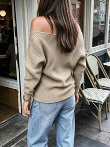 Women's Oatmeal V-Neck Cold Shoulder Knit Sweater, Faux Layered Long Sleeve Loose Ribbed Top, Autumn/Winter Slouchy - Khaki - View 4