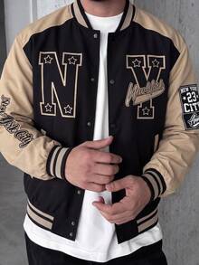 Men's Street Style Colorblock Letter Print Baseball Jacket, Autumn Graduation Back To School, Long Sleeve Varsity Jacket, Men's Letter Jacket - Black - View 5