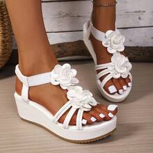 New Women's 3D Floral Multi-Strap Open Toe Wedge Sandals With Elastic Back Strap, Thick Platform Waterproof Sole, Summer Vacation Beach Shoes - White - View 5