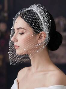 Vintage Mesh Pearl Beaded Headband Veil, Evening Party Face Cover Headpiece - Multicolor - View 3