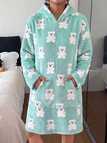 Women's Autumn/Winter Flannel Heart Print Bear Ear Hooded Loungewear Robe - Multicolor - View 4