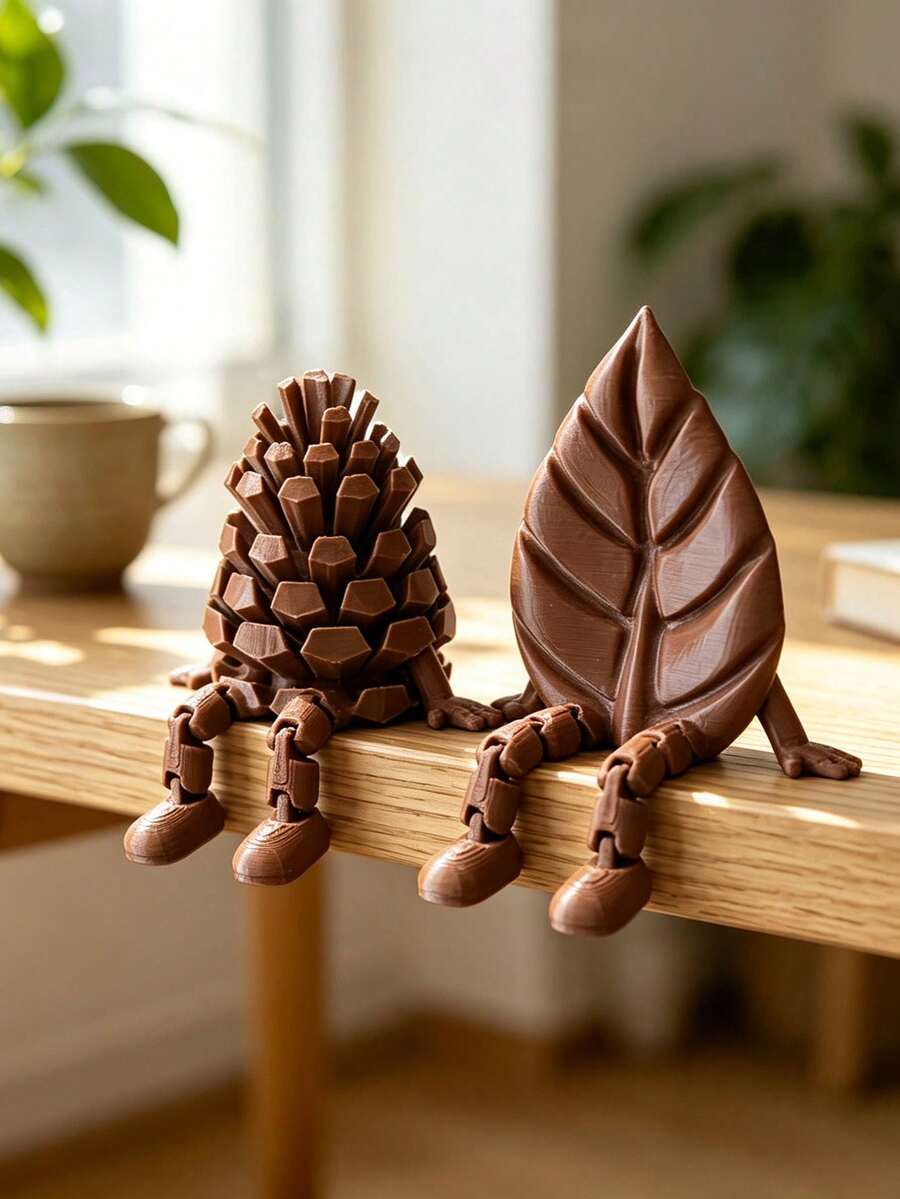2/1pc Christmas Pine Cone & Leaf Mini Figurine, Cute Resin Hanging Leg Ornament, Unique Desktop Bookshelf Decor, Autumn Rustic Home Decoration, Special Gift For Book Lovers, Christmas Home Decor, Autumn Home Decor, Coffee Bar Countertop Ornament - Multicolor - View 1