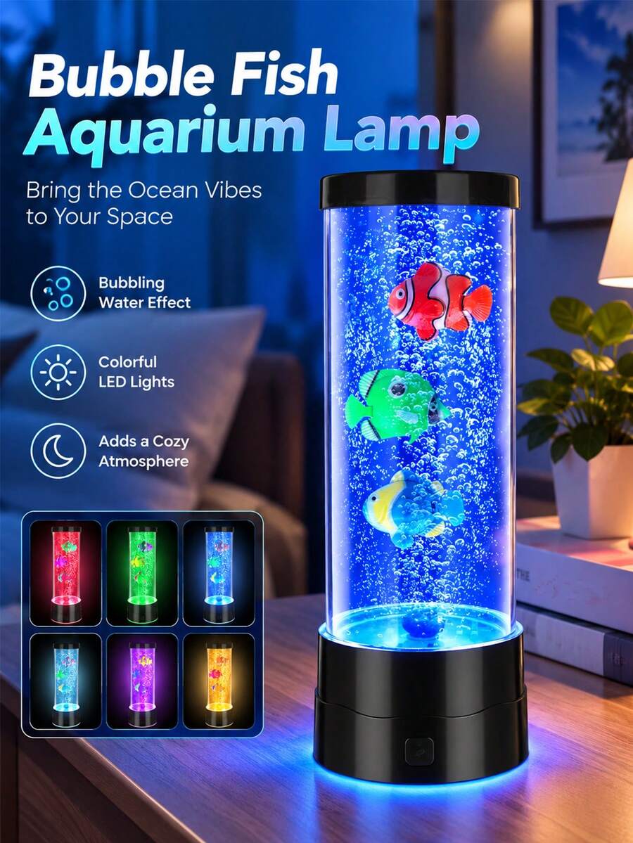 Aquarium Bubble Fish Light, Vibrant LED Lighting, 6 Color-Changing Modes, Soft Night Light, Simulated Fish Bubble Atmosphere Lamp, Suitable For Aquarium Enthusiasts, Home Decor With Realistic Tropical Fish For Relaxing Environment Night Light