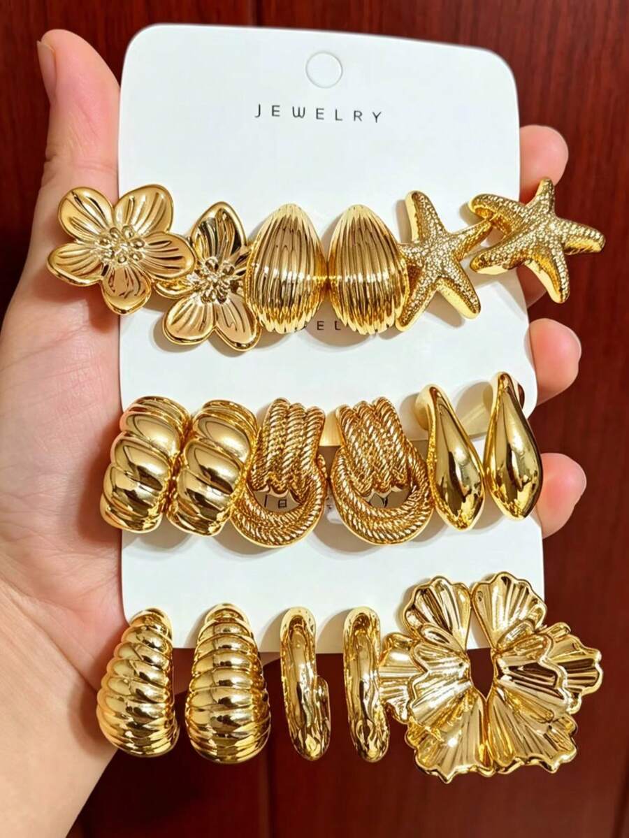 6/18pcs Fashion Stud Earrings Set Exaggerated Oversized C-Shaped Elegant Long Earrings Multi-Style Series Earring Set Suitable For Daily And Holiday Wear Women's Earring Set, - Gold - View 1