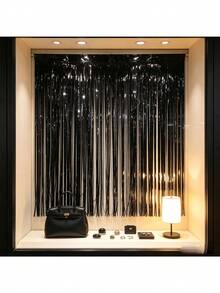 5pcs 1*2m Laser Black Metallic Glitter Plastic Fringe Curtain, Foil Sequin Decorative Curtain For Party Door And Window Decor - Black - View 8