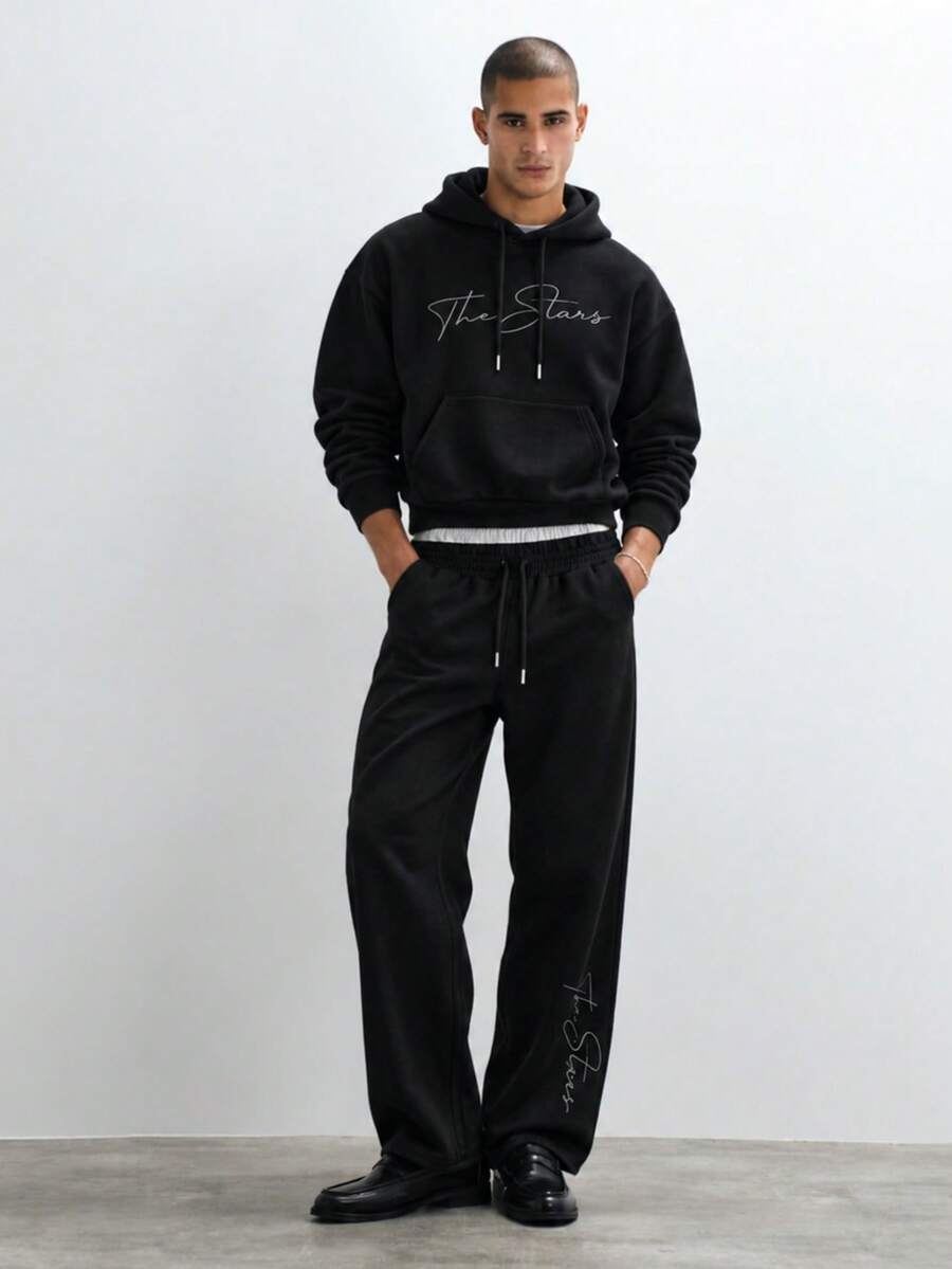 SU ER Men's Long Sleeve Drawstring Hoodie And Double Waist Design Elastic Waist Drawstring Casual Pants Set - Black - View 1