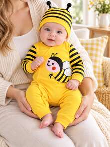 Baby Girl Casual Cute Cartoon Bee Button Jumpsuit And Hat 2pcs Set - Yellow - View 1