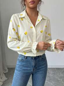 Plus Size Lemon Print Lapel Collar Shirt, Long Sleeve Ruffle Cuff Front Button Casual Blouse - White - View 3