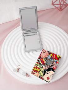 1PC European Cartoon Series Portable Vanity Mirror, Foldable Lightweight Ultra-Thin Convenient Hand Mirror, PU Leather, Suitable For Multiple Scenarios And All People, Rectangular Mirror, Pocket Mirror, Cartoon Letter Fashion Girl Pattern Design, Exquisite And Delicate, Easy To Carry, Handheld Makeup Mirror, 180° Flip Cover, Multi-Functional Mini Mirror, Compact Mirror, Mirrors For Daily Use, Holidays, Birthday, Valentine's Day - Multicolor - View 2