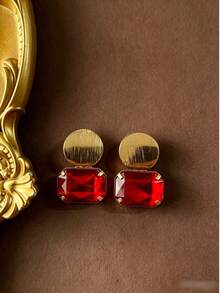 1 Pair Fashionable Luxury Vintage Brushed Round Disc Shiny Square Rhinestone Inlaid High-End Minimalist Versatile Earrings - Round and Square Earrings - View 6
