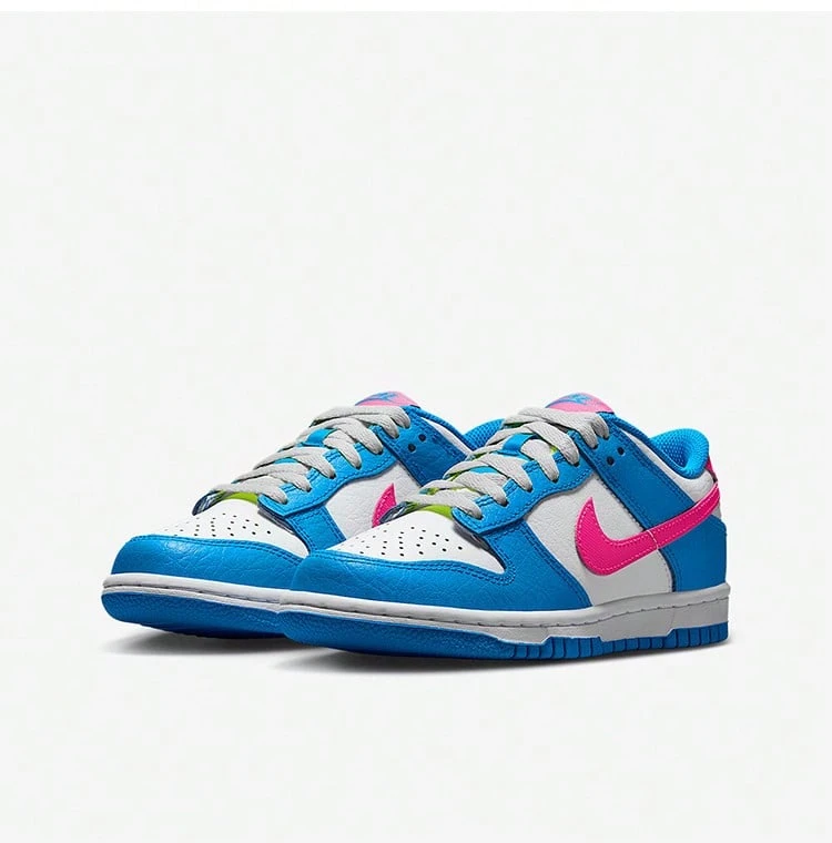 NIKE Dunk Low Unisex Blue White Pink Multicolor Low-Top Shoes | Neon Pink Swoosh Bright Yellow Laces Street Colorblock Style IB7747-406 - Multicolor - View 1