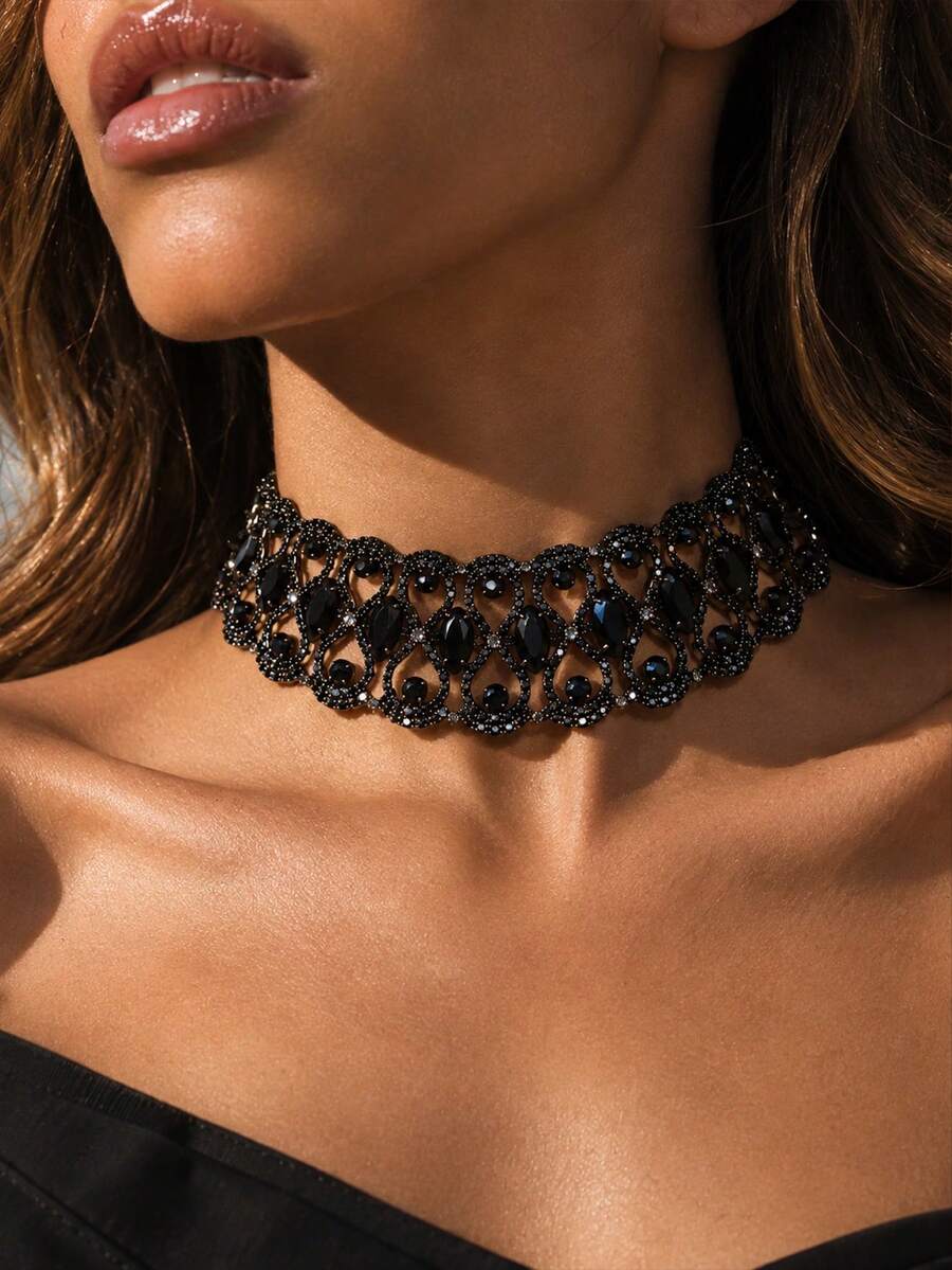 1pc Black Fashion Crystal Rhinestone Choker Necklace, Collor Bone Necklace For Women - Black - View 1