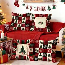 4pcs/1pc Christmas Patchwork Plaid Pattern Pillow Case, Single-Sided Printed Pillow Case, Suitable For Living Room Bedroom Home Decor, All-Season Pillow Case - Multicolor - View 2