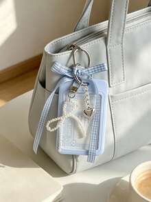Cute Student Card Holder With Pearl And Bow Decoration; Id Card Case. Work ID Card Protector, With Plaid Bow, Pearl Heart Decoration, Detachable Sliding Card Holder, Fashionable Bag Charm, Exquisite Keychain, Suitable For ID Card, Meal Card, Bus Card, Business Card, Perfect Birthday Gift, Back To School Gift, Halloween And Christmas Gift - Multicolor - View 7