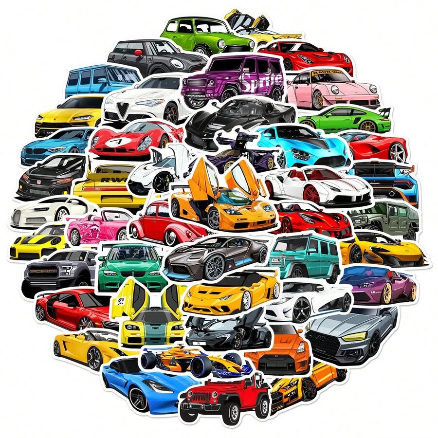 50pcs New Cool Sports Car Racing Graffiti Stickers For Helmet, Phone Case, Luggage, Skateboard, Tablet - 100 - View 1