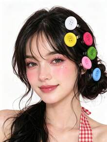 6pcs/12pcs Women's Large Round Button Hair Clips, Candy Color Y2K Cute Dopamine Bright Color Bangs Clips, Sweet Girl Broken Bangs Hairstyle Accessories - Multicolor - View 6