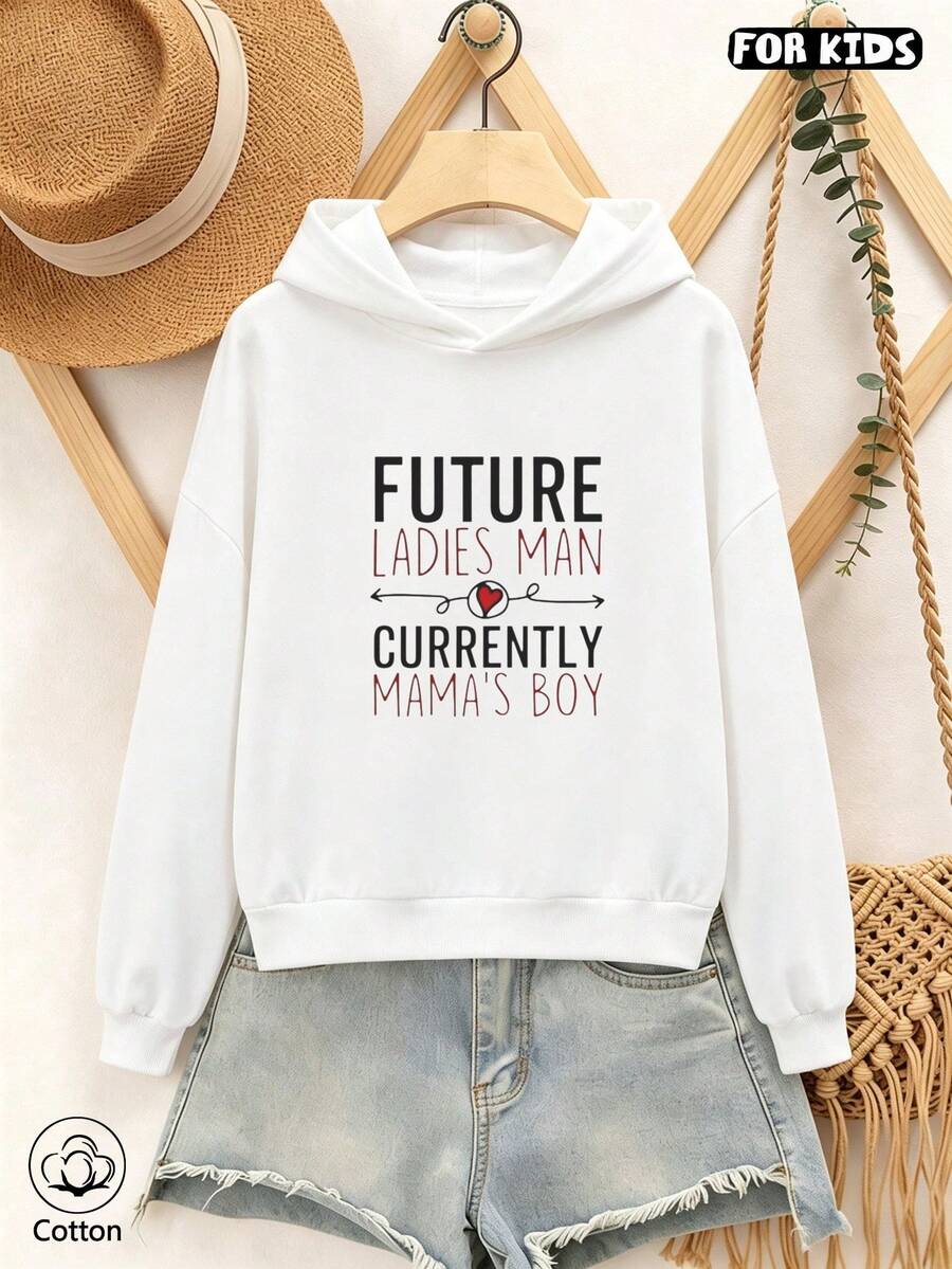 Kids Hoodie: 'Future Ladies Man Currently Mama's Boy' Print With Red Heart, Loose Fit Breathable Casual Sweatshirt For Spring Autumn Daily Wear & Gift - White - View 1