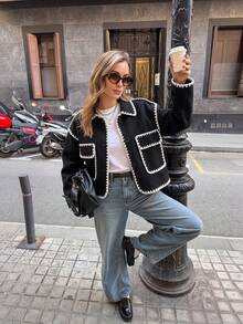 Women's Colorblock Ruffle Trim Short Jacket, Lapel Collar Button Front Long Sleeve Casual Short Coat With Pockets - Black - View 7