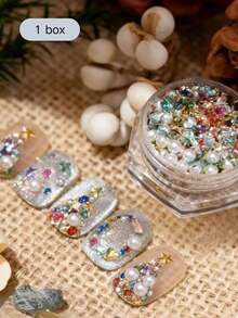 1box/2boxes Fall Autumn Christmas Random Mixed Christmas Style Colorful Pointed Rhinestone Nail Art Accessories, Colorful Rhinestones + White Pearls Combination, Sparkling 3D, Create Autumn/Winter Christmas Atmosphere Nails, Exquisite And Versatile Nail Decoration - Multicolor - View 4