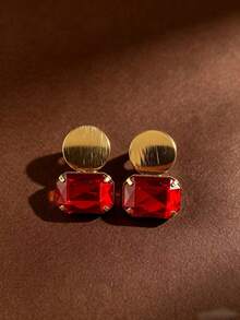 1 Pair Fashionable Luxury Vintage Brushed Round Disc Shiny Square Rhinestone Inlaid High-End Minimalist Versatile Earrings - Round and Square Earrings - View 8