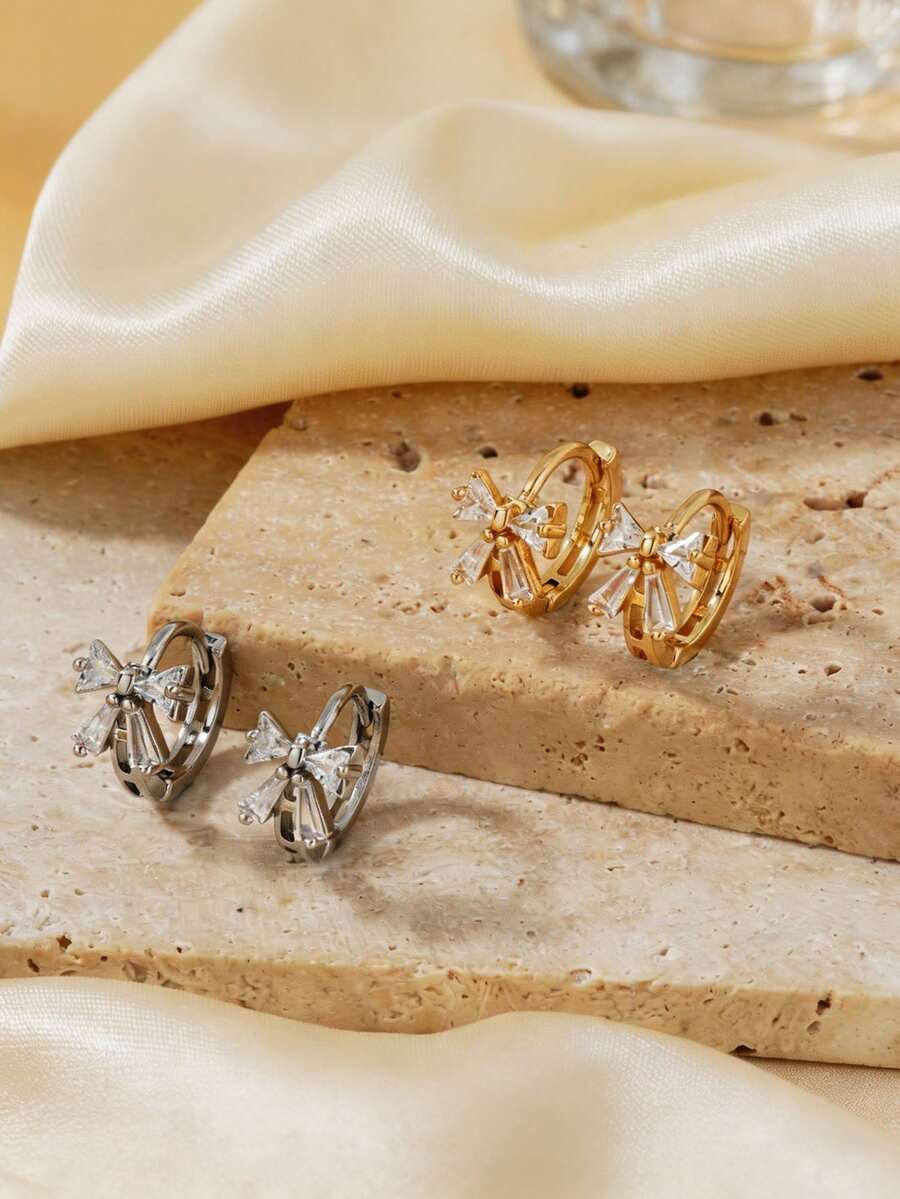 2 Pairs Fashionable Exquisite Bow Earrings, Women's Simple Versatile Korean Style Zirconia Stud Earrings, All-Match Small Hoop Earrings - Multicolor - View 1