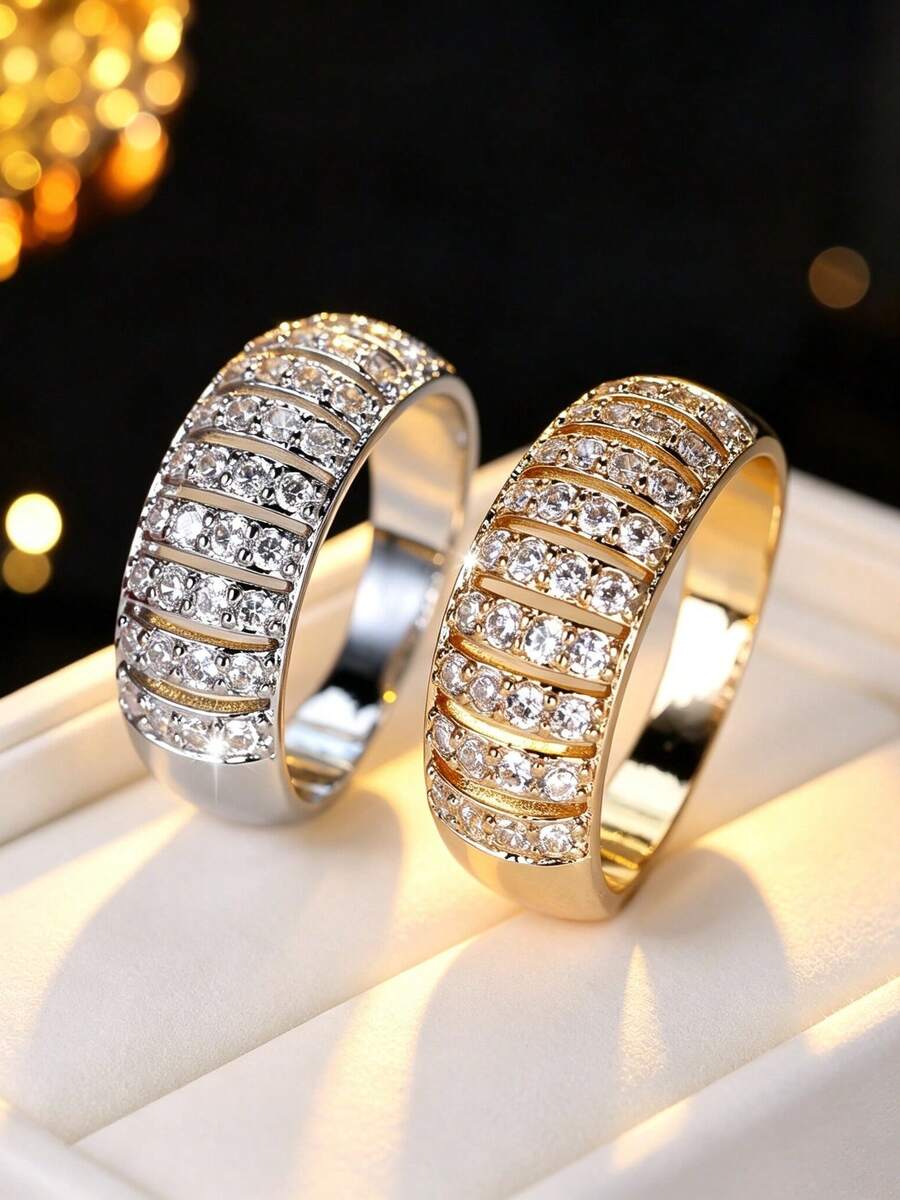 1pc Exquisite Wide Multi-Layer Pave Cubic Zirconia Ring, Luxury Heavy-Duty Finger Ring, Versatile Sparkling Hand Accessory For Banquet - Ring - View 1