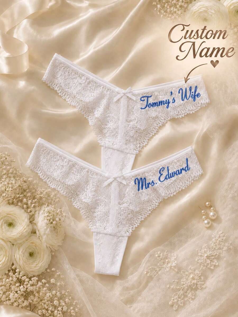 Personalized Lace Bridal Thong, Custom Mrs. Bride Panties, Wedding Lingerie Keepsake - Multicolor - View 1