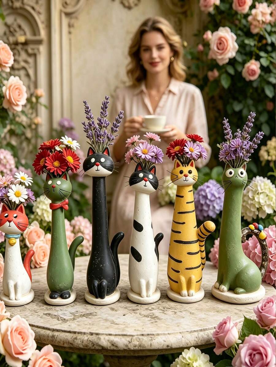 Handmade Funny Cat Vase, Artistic Animal Vase, Quirky Garden Statue Home Decor, Creative Unique Cat Decoration - Multicolor - View 1