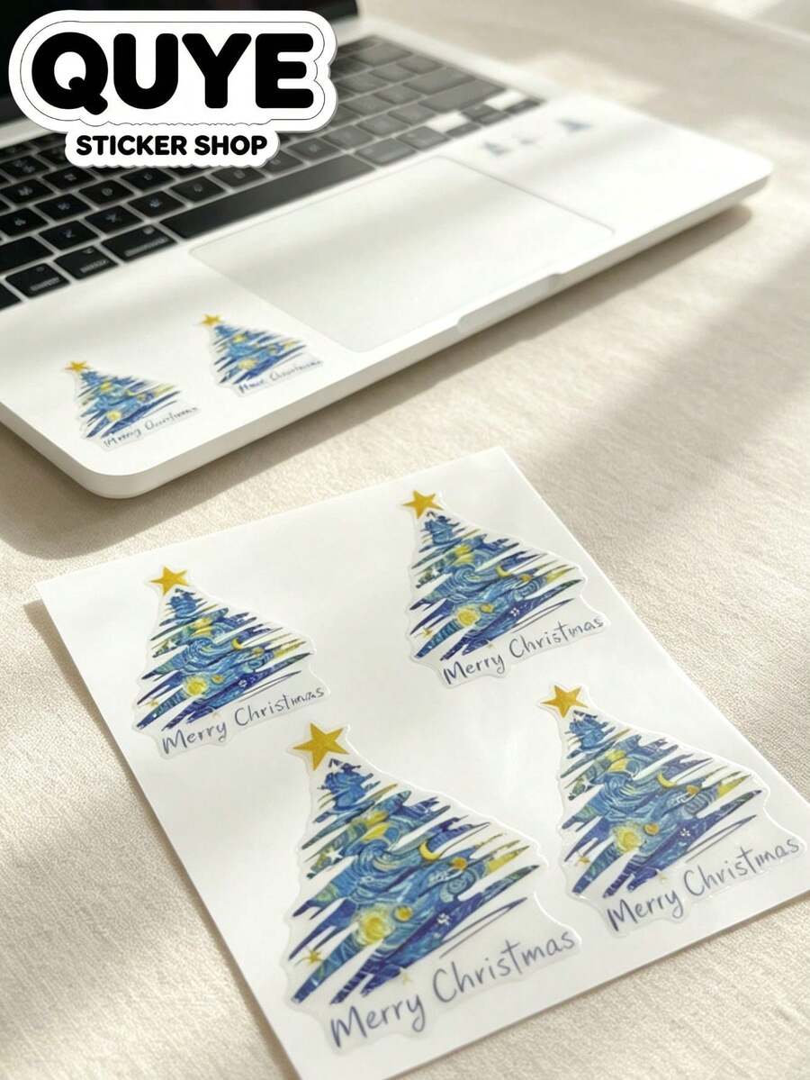 1 Set Stiker Estetik, Perlengkapan Jurnal, Stiker Dekoratif Pohon Natal Lukisan Minyak Malam Berbintang, Pola Seni Impresionis, Untuk Dekorasi Permukaan dan Ornamen Hadiah - Pohon Natal Malam Berbintang - View 1