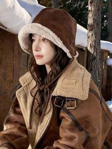 1pc New Vintage Versatile Reversible Tie-Up Bucket Hat For Women, Autumn/Winter Outdoor Face-Slimming Warm Ear-Protective Hat - Multicolor - View 12