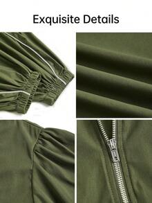 Aliling Autumn Women's Fashion Motorcycle Army Green Exaggerated Lantern Sleeve Short Zipper Jacket & Lantern Pants Two Pieces Set, Color Block Patchwork Details, Suitable For Outings, Street Style, Club, Racing Occasions Fashion Autumn Outfit - Army Green - View 3