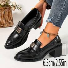 Women's Pointed Toe Chunky Heel Loafers, Heart-Shaped Metal Buckle Decor, Vintage British Style, Spring/Autumn Commute Elegant High Heel Pumps - Black - View 8