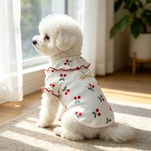 1PC Cute Ruffle Collar Dog T-Shirt With Pearl Bow Decor, Strawberry Heart Cherry Print Ribbed Knit Puppy Short Sleeve Top, Soft Pet Clothes For Small Dogs Bichon Teddy Daily Outfit - Multicolor - View 5