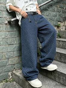 Men's Deep Blue Jacquard Textured Wide Leg Jeans, Y2K Oversized Loose Streetwear Style - Blue - View 6