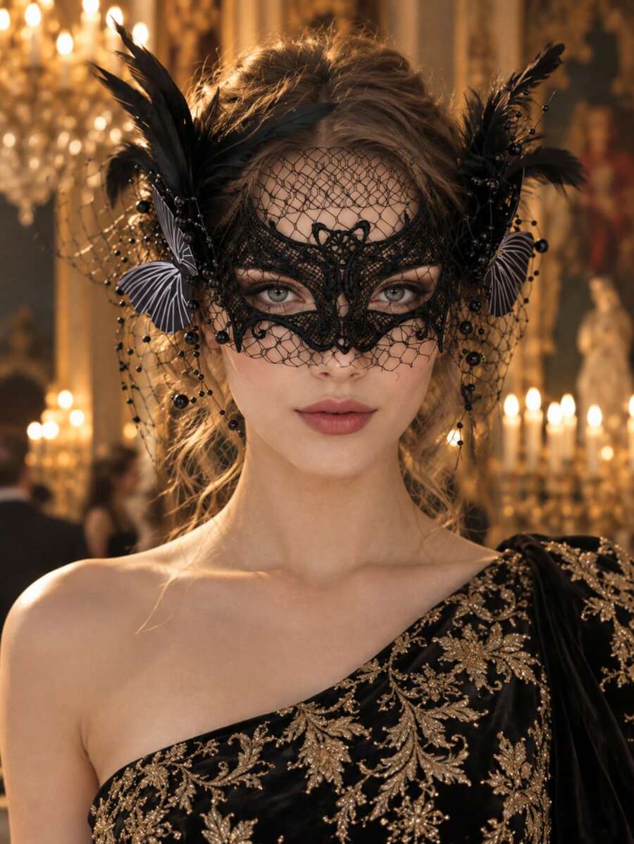 Dark Witch Black Lace Feather Butterfly Masquerade Mask Mesh Veil Beaded Gothic Halloween Cosplay Bridal Carnival Wedding Party - Black - View 1
