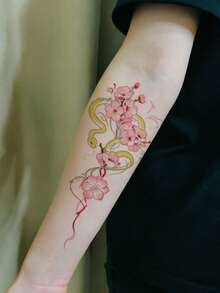 1pc Temporary Tattoo Sticker, Pink Cherry Blossom Yellow Snake Butterfly Pattern, Realistic Fake Tattoo Design, Suitable For Daily, Bachelorette Party Favors, Music Festivals, Cosplay, Graduation Gifts, Lasts 3-5 Days - Multicolor - View 4