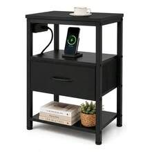 Buró Vintage con Estación de Carga USB y Tomas de Corriente, Mesa de Noche con Cajón Ajustable y 4 Niveles de Almacenamiento, Marrón para Recámara y Sala - Negro - Ver 1