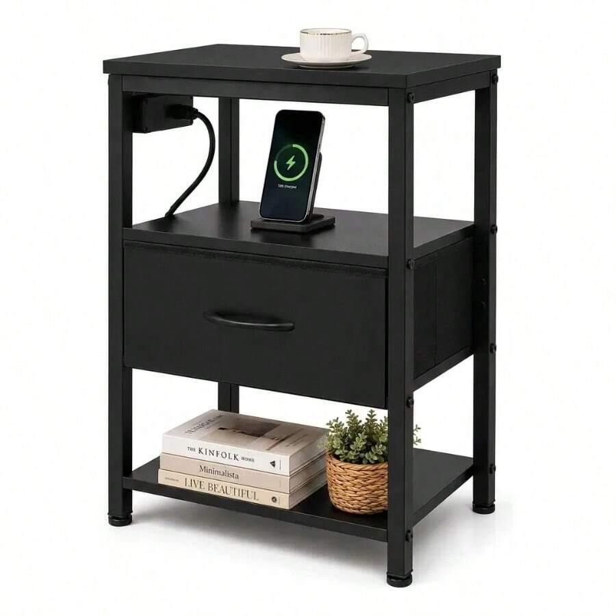 Buró Vintage con Estación de Carga USB y Tomas de Corriente, Mesa de Noche con Cajón Ajustable y 4 Niveles de Almacenamiento, Marrón para Recámara y Sala - Negro - Ver 1
