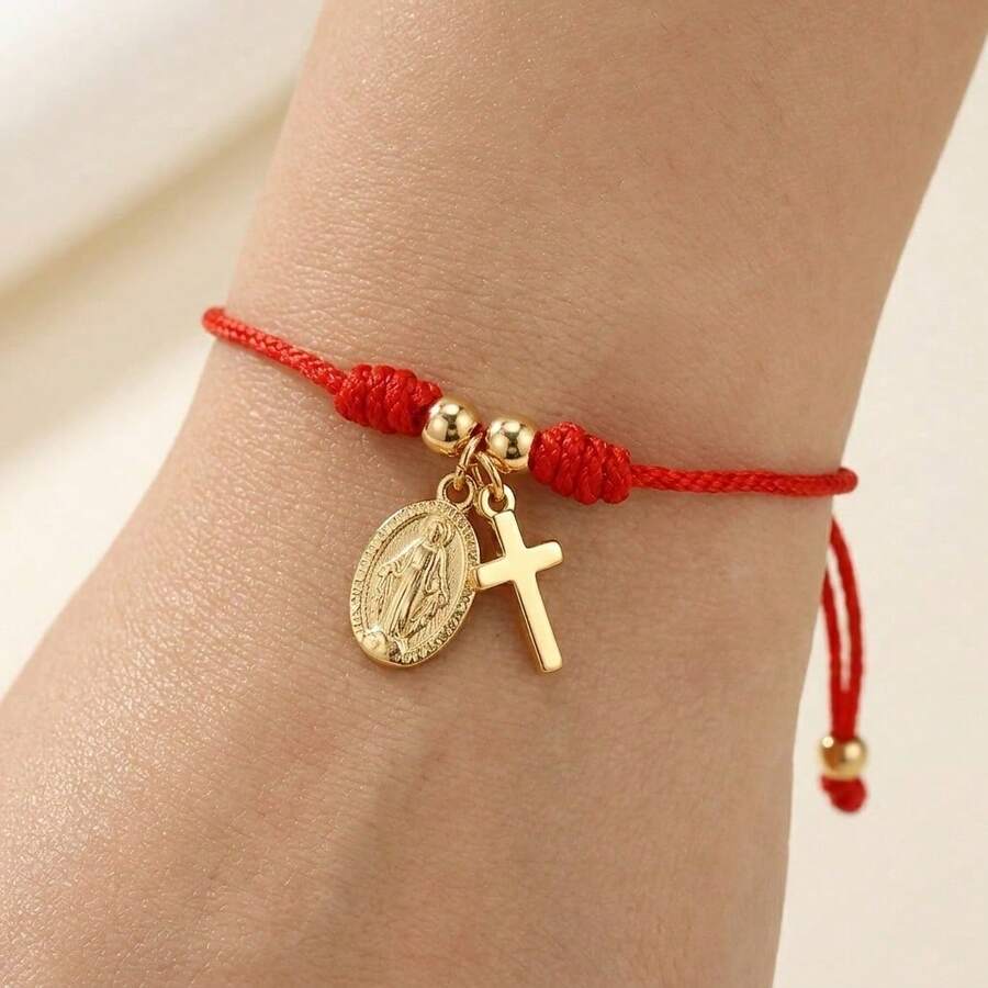 Minimalist Fashion Cross Copper Bead Bracelet, Jesus Pendant Red Mamba Rope Bracelet, Virgin Mary Adjustable Bracelet, Easter Card, Charm Bracelet - Multicolor - View 1