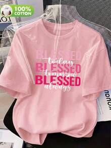 女款休閒漸層粉色 Blessed 字母印花圓領短袖 T-shirt 上衣，適合春夏秋季 - 粉色 - 查看 4