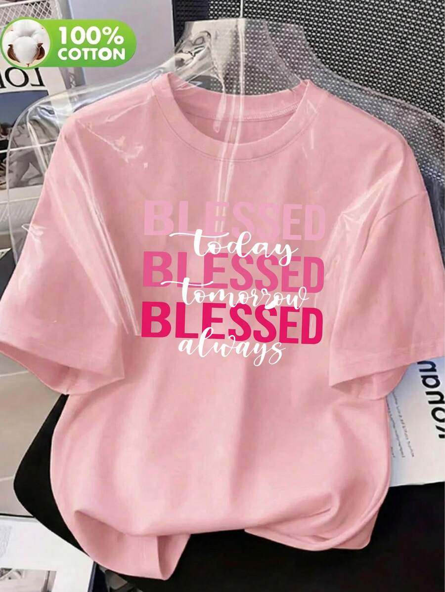 Women's Casual Gradient Pink Blessed Letter Print Round Neck Short Sleeve T-Shirt Top For Spring Summer Autumn - Pink - View 1