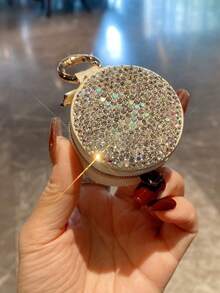 1pc Highly Attractive Shiny Artificial Rhinestone Makeup Storage Box, False Eyelashes, Earrings, Rings, Bracelets Organizer Bag, Travel Portable Keychain Coin Purse, Gift - Silver - View 8