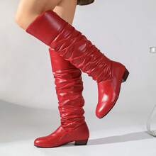 Women's Round Toe Low Heel Slouchy Knee-High Boots, Ruched Design, Vintage Style, Autumn/Winter Daily Wear - Red - View 4