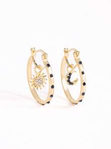 1 Pair Retro Asymmetric Crescent Moon & Sun Rhinestone Earrings, Women's Celestial Hoop Earrings, Jewelry Accessories - Multicolor - View 4