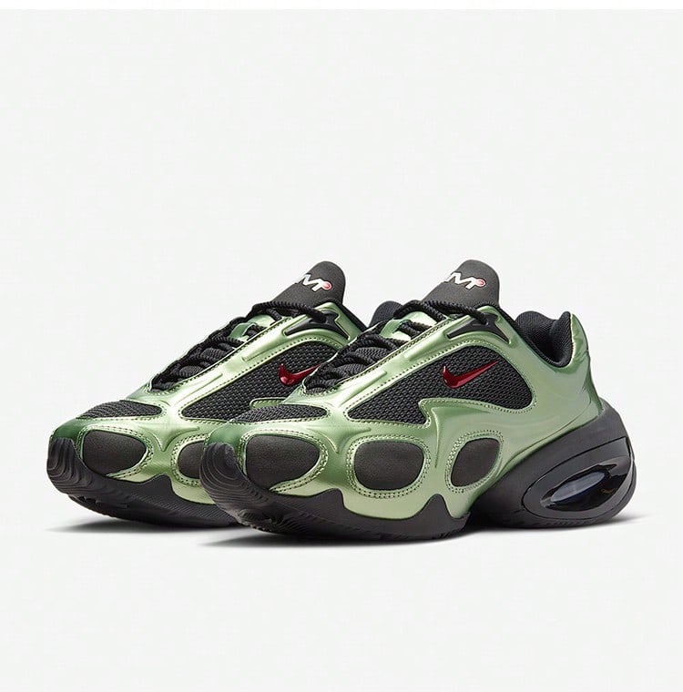 NIKE Air Max Muse Women's Metallic Army Green Futuristic Platform Shoes | Black Mesh Red Swoosh Functional Street Style FV1920-004 - Green - View 1