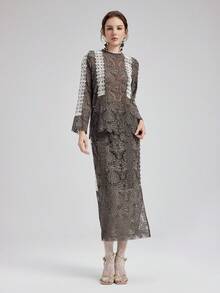 Rich Radi Q's Casual Fashion Women's Lace Layered 2 Pieces Set, Hollow Round Neck Top With Bodycon Skirt, Create A Stylish Look - Brown - View 1