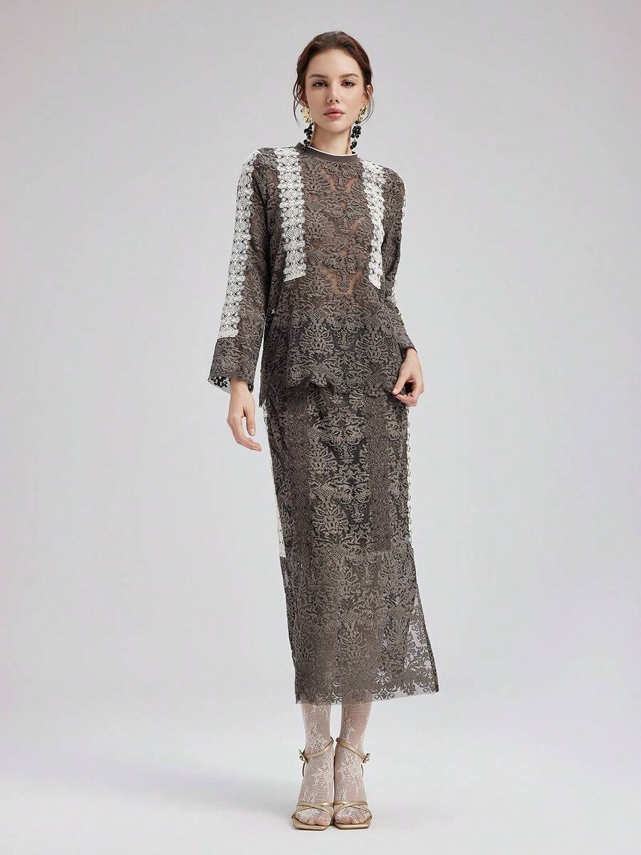 Rich Radi Q's Casual Fashion Women's Lace Layered 2 Pieces Set, Hollow Round Neck Top With Bodycon Skirt, Create A Stylish Look - Brown - View 1