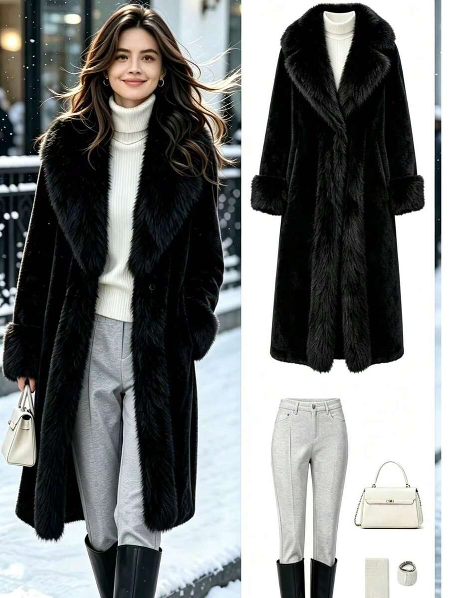 Women's Elegant Faux Fur Collar Jacket For Winter Black - Black - View 1
