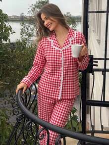 DAZY 2pcs Women's Plaid Print Lace Patchwork Long Sleeve Pajama Top + Elastic Waist Long Pants Loungewear Set - Red - View 7